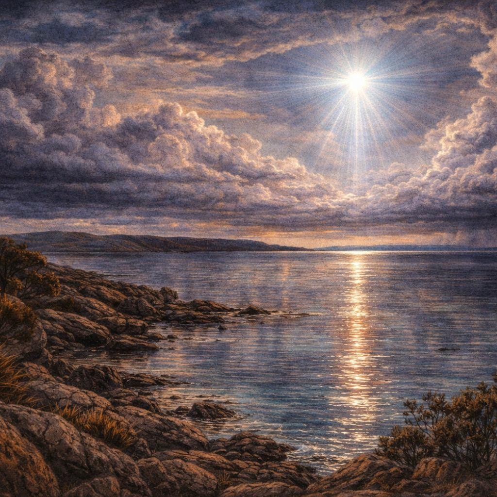 Alien lights shimmering over the water at dusk