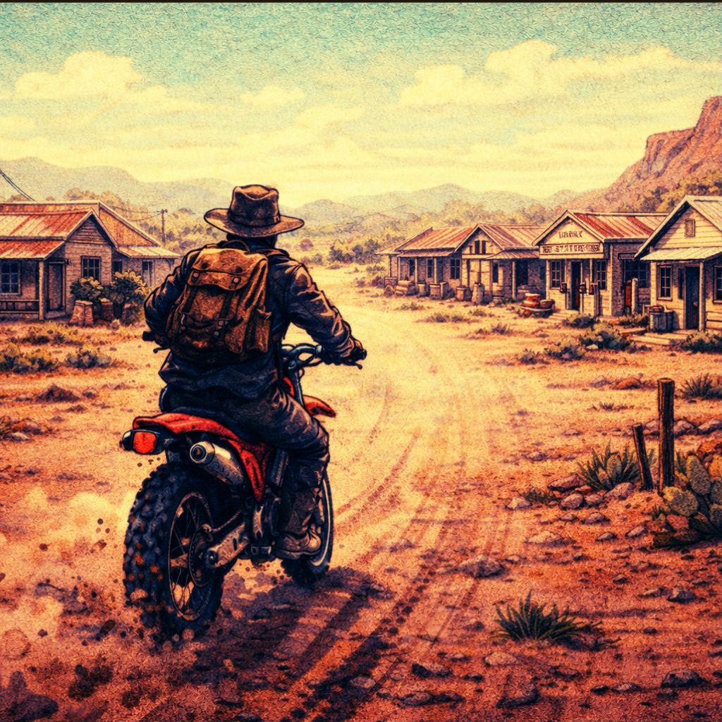 A motorbike rider on a coastal clifftop scanning the horizon