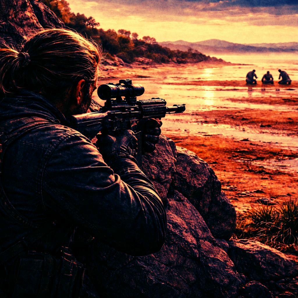 A rifle scope view across the tidal flats at night