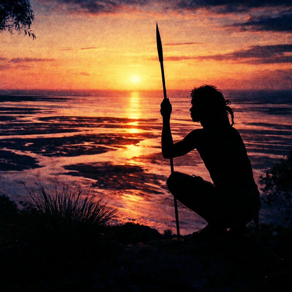 Low-tide sand flats at evening, a lone figure stalking with a spear