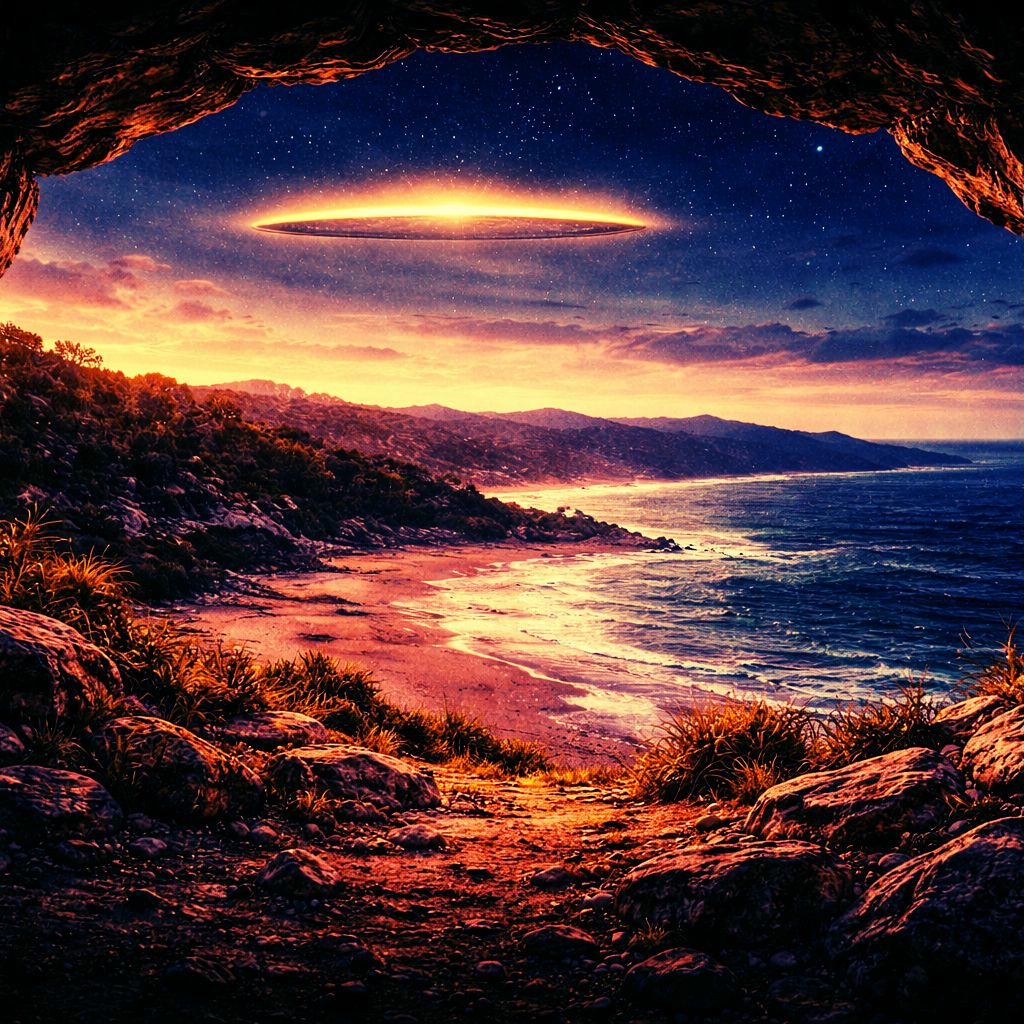 The alien craft hovering silent and still in the dusk above the cave entrance &mdash; waiting